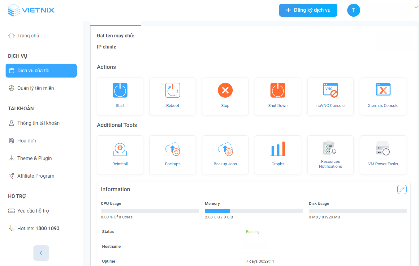 giao diện quản trị của vps nvme