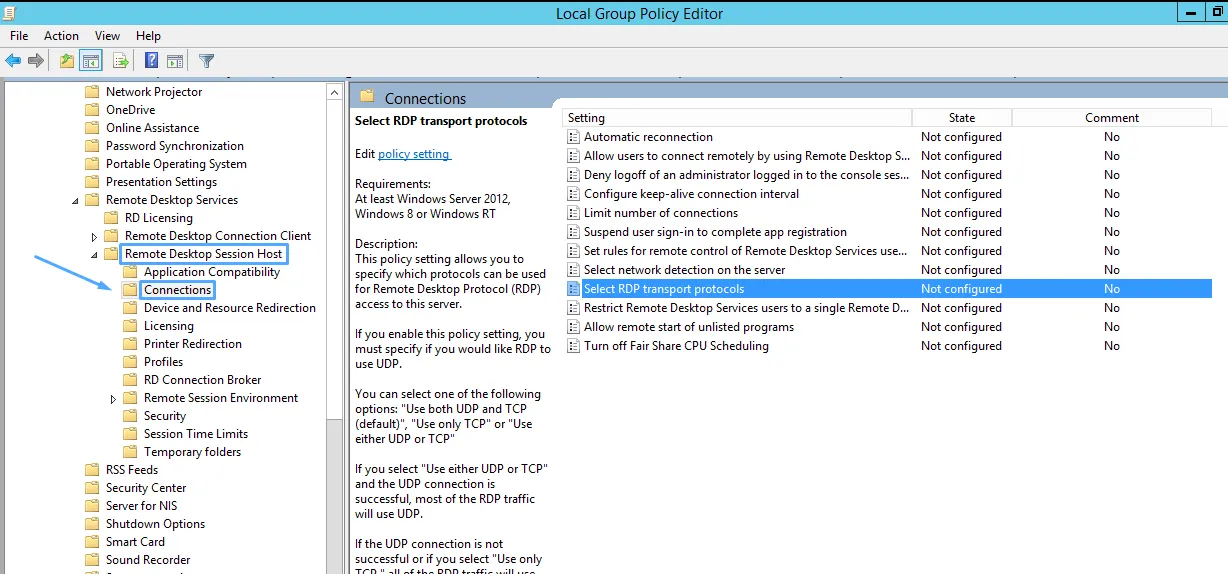 Tìm tùy chọn Select RDP transport protocols