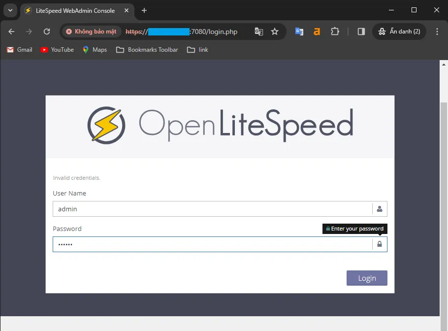 Giao diện đăng nhập OpenLitespeed webadmin