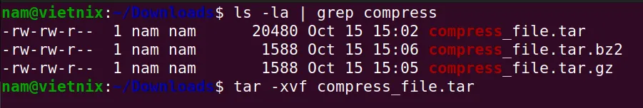 Giải nén các file trong Archive bằng option -xvf