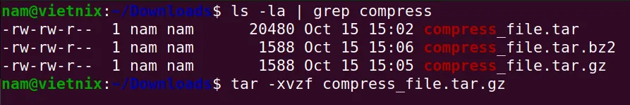Giải nén một Archive gzip tar bằng option -xvzf