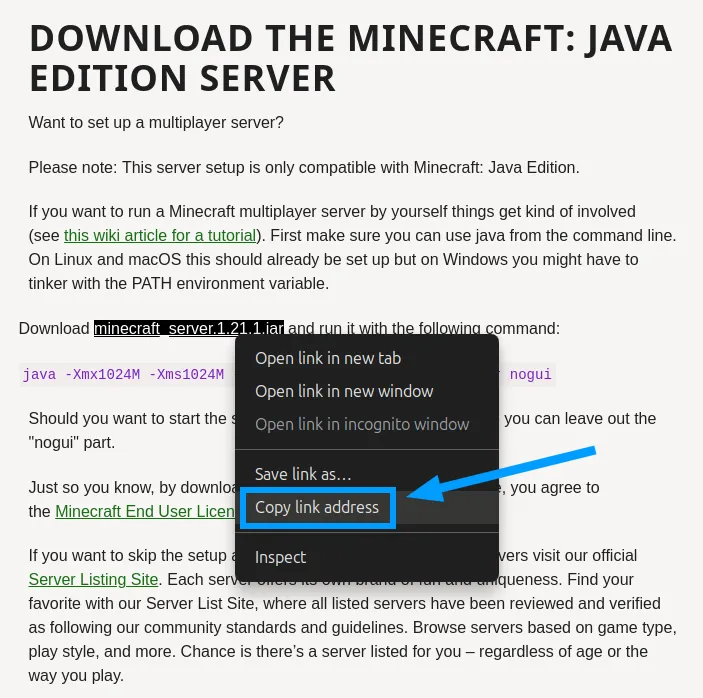 Chọn phiên bản Minecraft Server