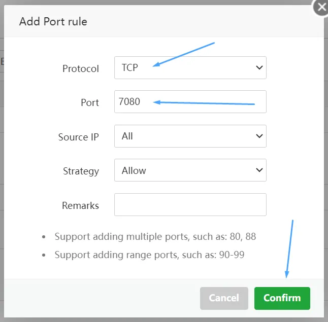 Điền các thông tin để mở port