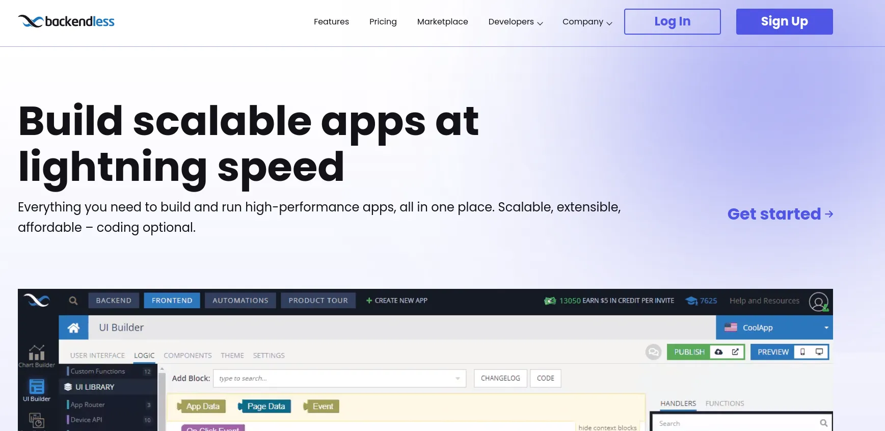 Giao diện website Backendless