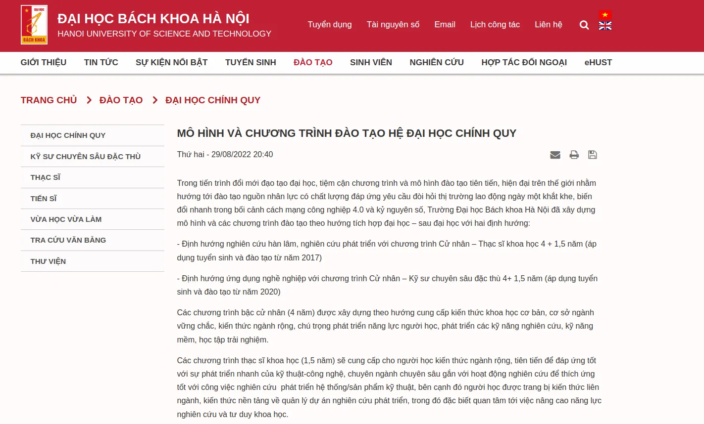 Mô hình và chương trình đào tạo hệ đại học chính quy của Đại Học Bách Khoa Hà Nội