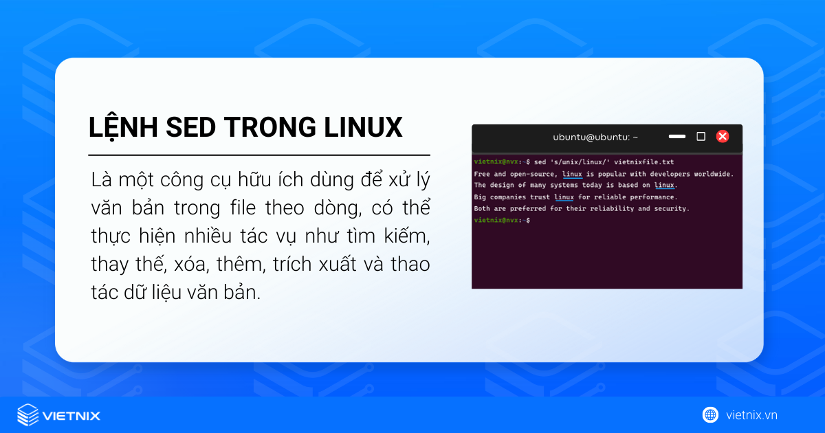 Lệnh sed trong Linux là một công cụ giúp xử lý văn bản theo dòng