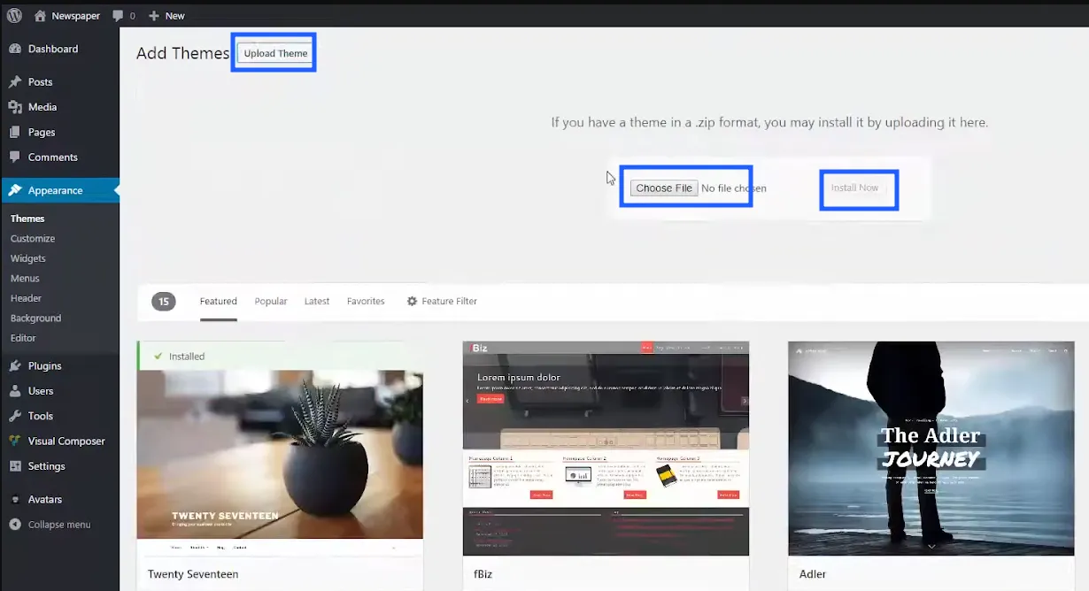 Chọn Add New Themes, rồi chọn Upload Theme