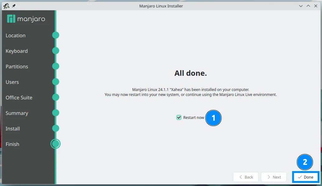 Hướng dẫn cài đặt Manjaro Linux cho PC 40 Cài đặt hoàn tất và khởi động lại máy