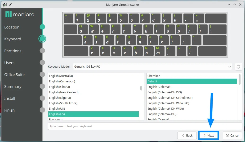 Hướng dẫn cài đặt Manjaro Linux cho PC 34 Chọn kiểu bàn phím sử dụng