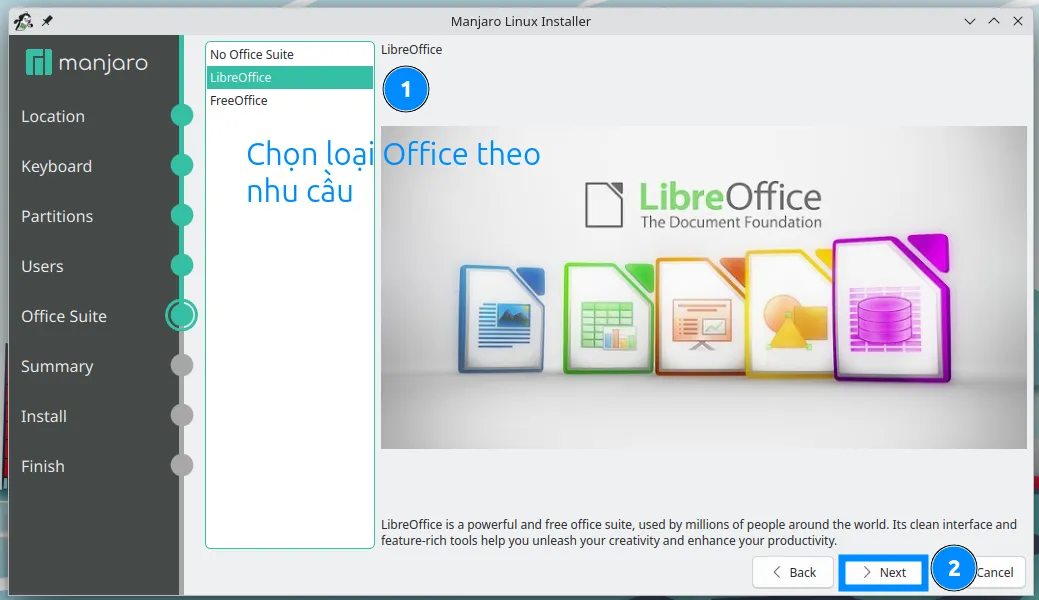 Hướng dẫn cài đặt Manjaro Linux cho PC 37 Chọn office theo nhu cầu