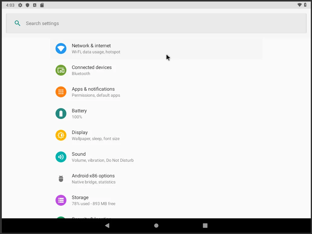 Giao diện trong cài đặt của ứng dụng Android x86