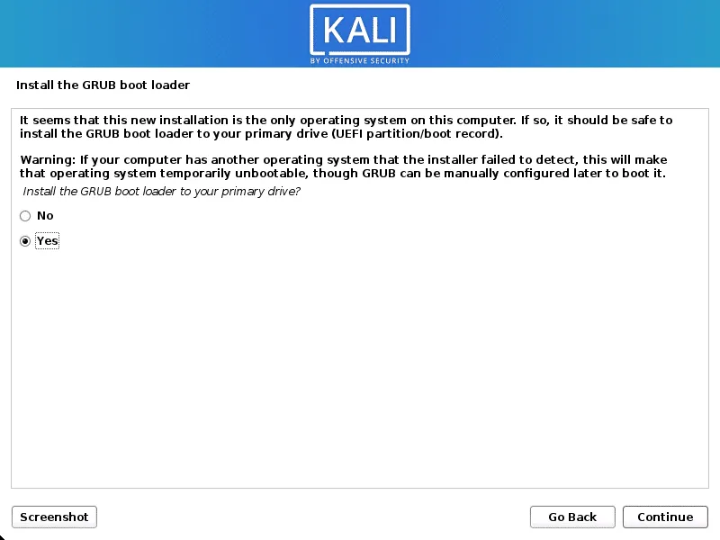 Hướng dẫn cài Kali Linux chạy song song với Windows 10 49 Xác nhận cài GRUB boot loader