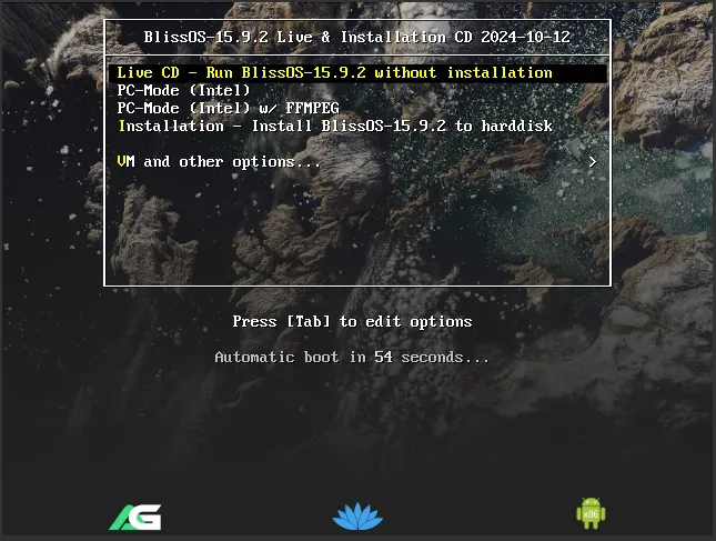 Giao diện boot của Bliss OS