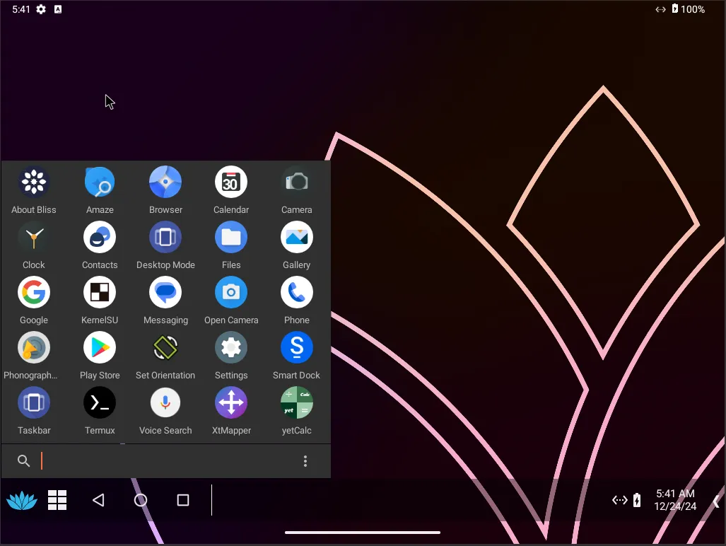 Giao diện dạng tablet của ứng dụng Bliss OS