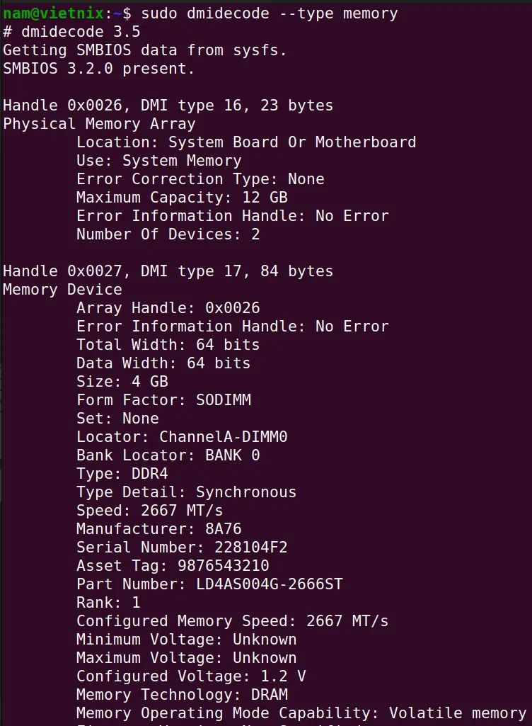 Kiểm tra RAM bằng lệnh dmidecode --type memory