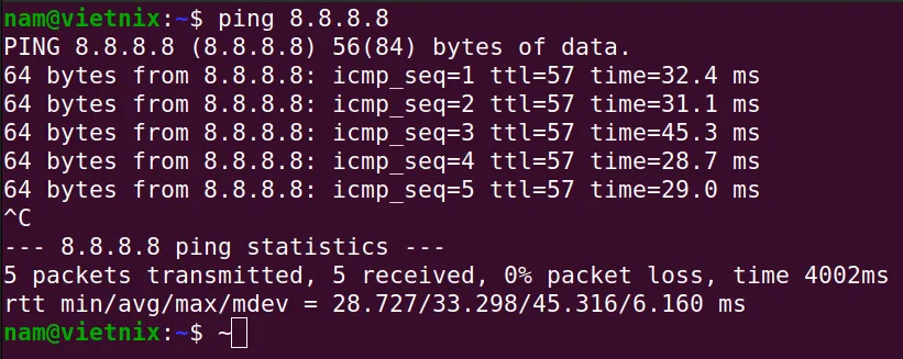 Lệnh ping tới địa chỉ IP 8.8.8.8