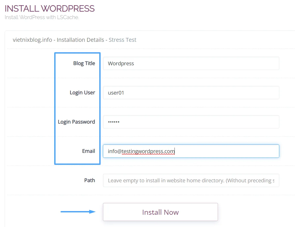 Điền thông tin account WordPress