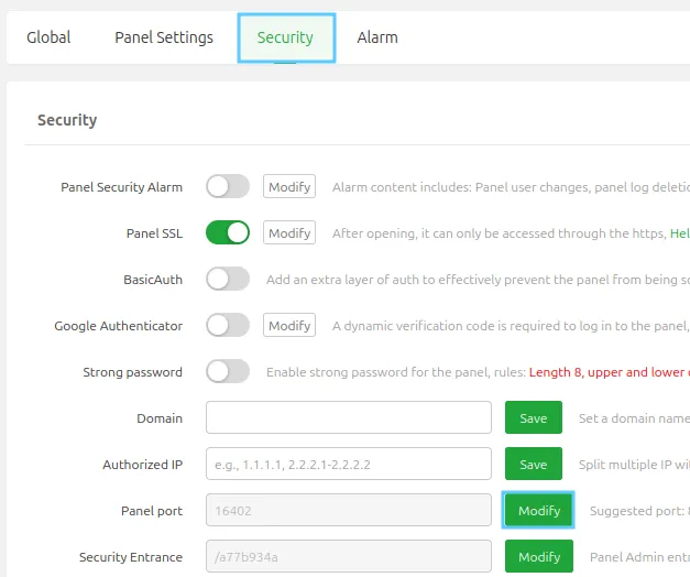 Người dùng có thể thay đổi port tuỳ ý không giới hạn số lượng trong mục Security