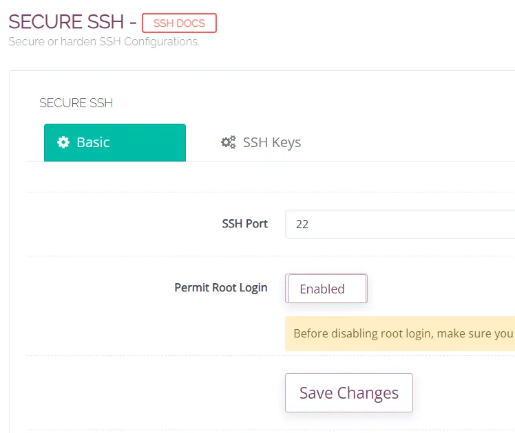 Truy cập tính năng bảo mật SSH trên Cyber Panel