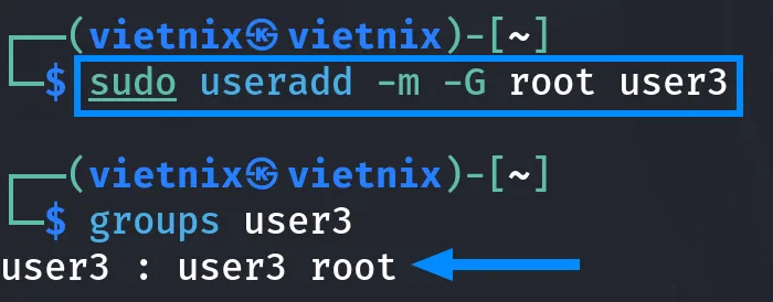 Thêm user vào root group bằng lệnh useradd