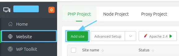 Chọn Add site để tiến hành tạo website mới