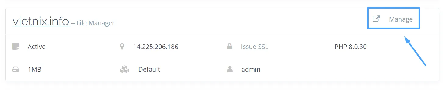 Truy cập Manage của website