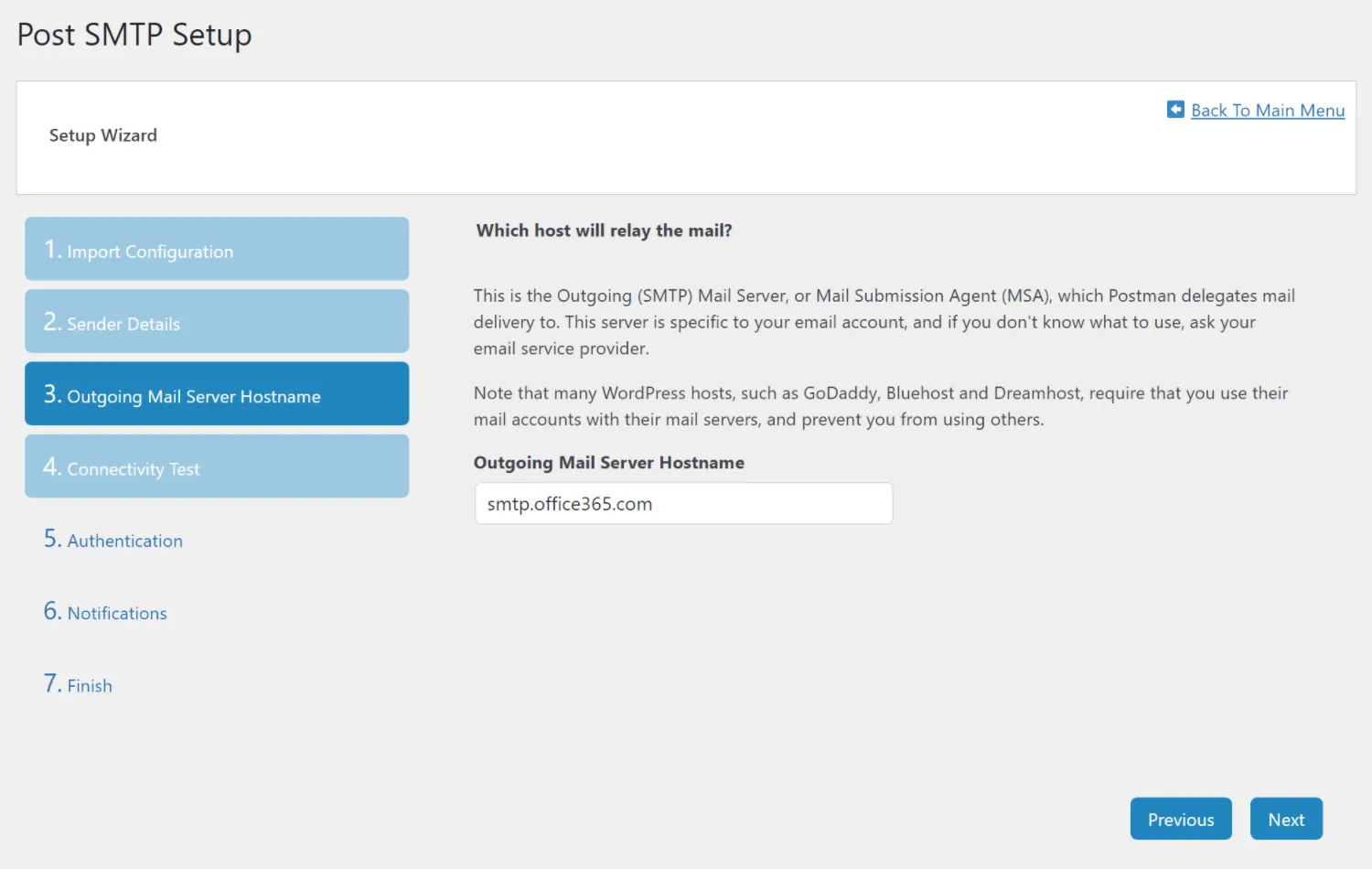 Tại trang tiếp theo, nhập "smtp.office365.com" vào ô Outgoing Mail Server Hostname và nhấn Next.