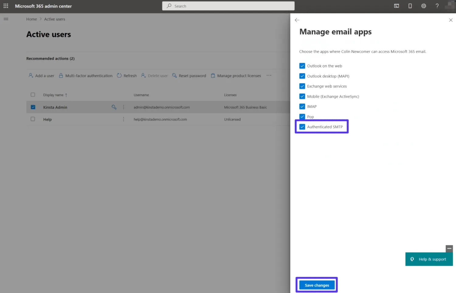 Tích vào ô Authenticated SMTP và sau đó nhấp vào Save change ở phía dưới để lưu lại cấu hình vừa thay đổi.