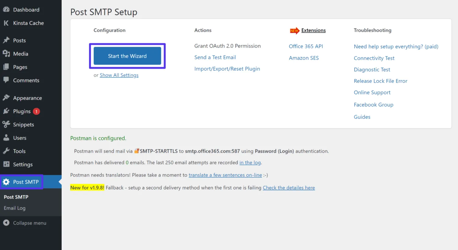 Truy cập vào khu vực Post SMTP trong bảng điều khiển WordPress và nhấp vào nút Start the Wizard.