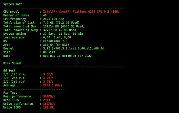 Thông số benchmark mạnh mẽ của Business Hosting Vietnix