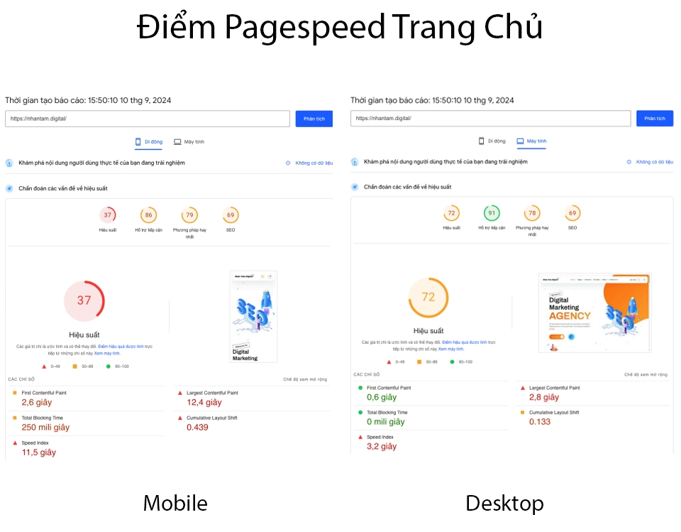 Điểm đo Google Pagespeed Insights Trang Chủ không cao