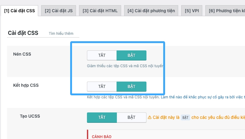 Bật nén CSS và Kết hợp CSS