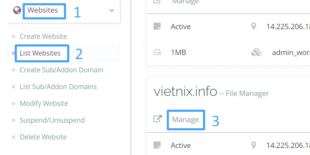 Cách tạo tên miền Alias trên CyberPanel 18 Truy cập mục Manage