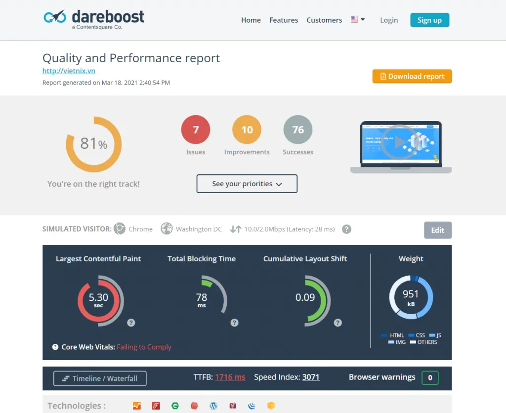 Kiểm tra tốc độ website bằng DareBoost