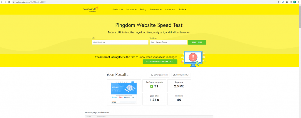 Đo tốc độ website với Pingdom Speed Test