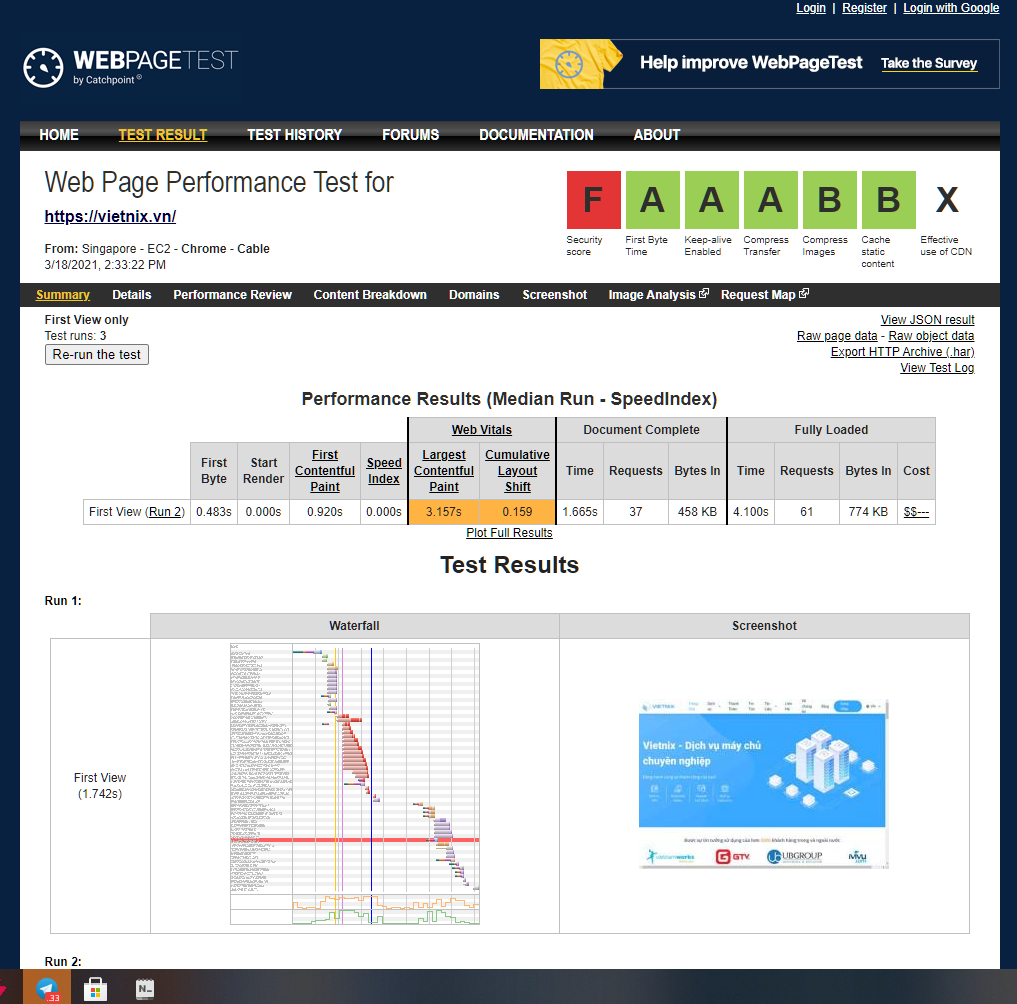 Công cụ đo tốc độ website WebPageTest 