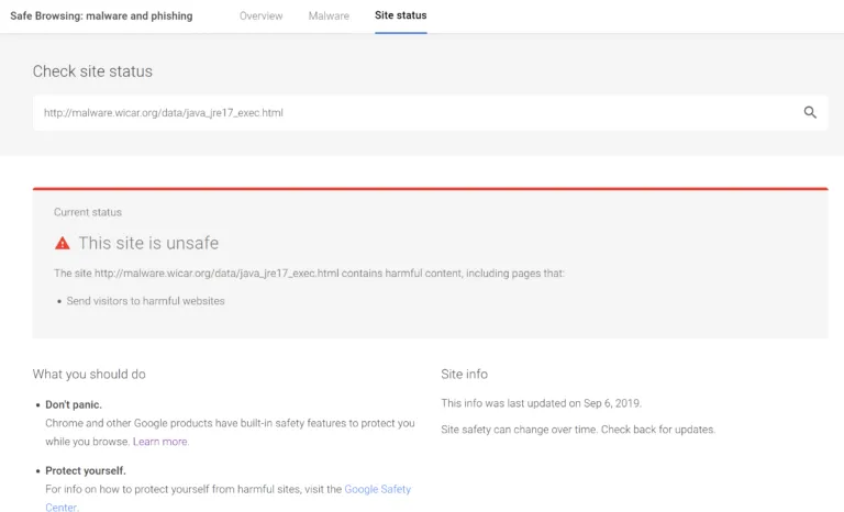 Kiểm tra trạng thái website trong Safe Browsing