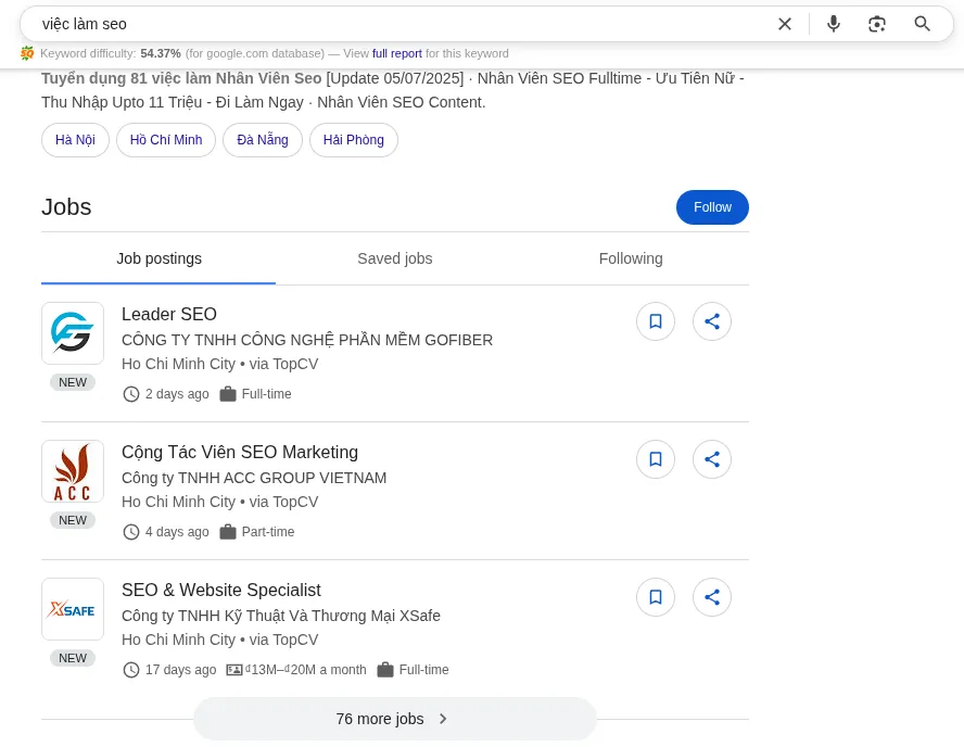 Tin tuyển dụng hiển thị trong SERP