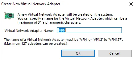 Đặt tên cho kết nối VPN mới tại mục Virtual Network Adapter Name