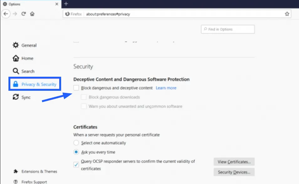 Tắt cảnh báo website lừa đảo trên Firefox