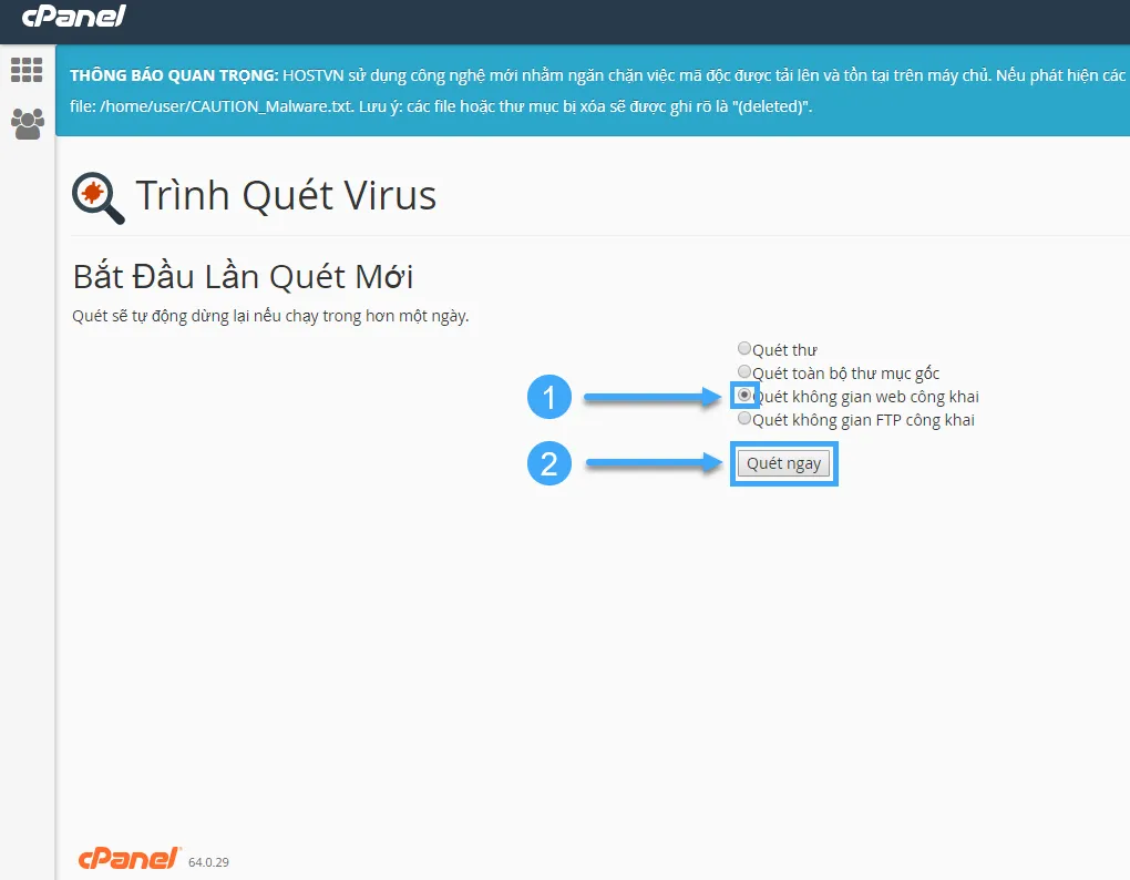 Bắt đầu quét virus trong cPanel