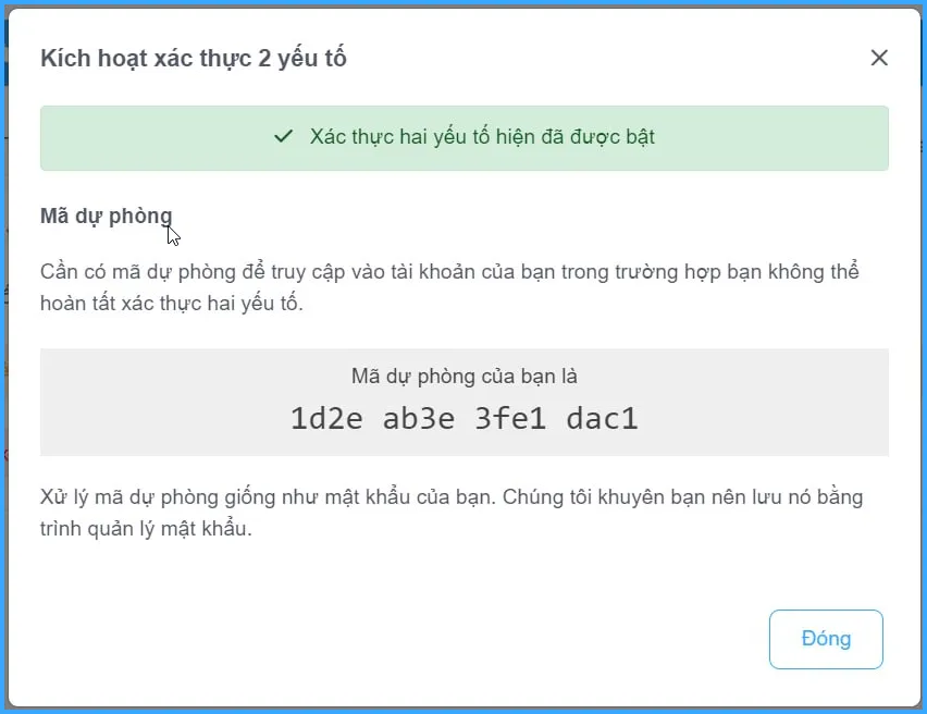 Hoàn thành quá trình kích hoạt xác thực 2FA