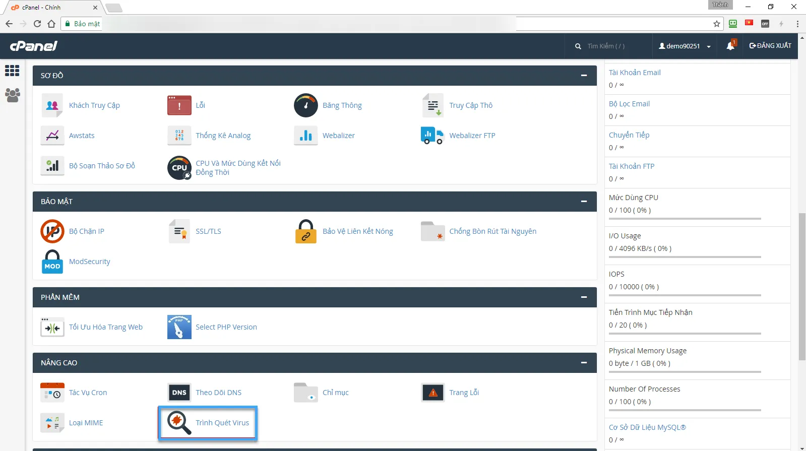 Giao diện chính của cPanel chọn Trình quét Virus