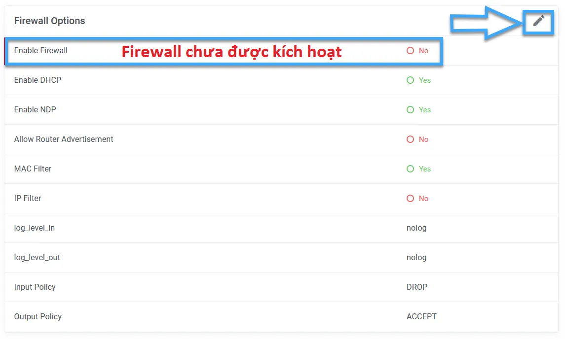Kích hoạt Firewall trong Firewall Options