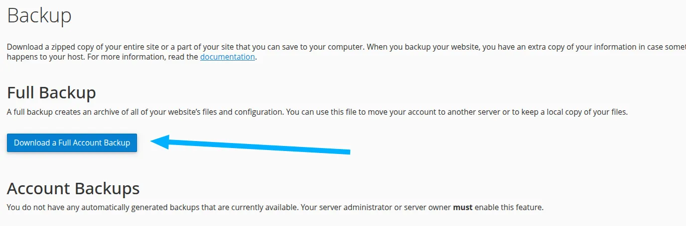 Chọn Download a Full Account Backup