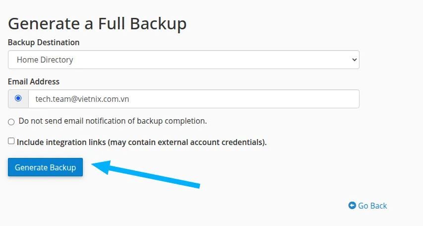 Chọn Generate Backup để tạo tệp Backup