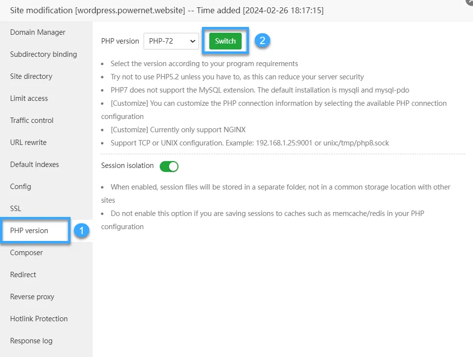 Chọn phiên bản PHP sau đó bấm Switch