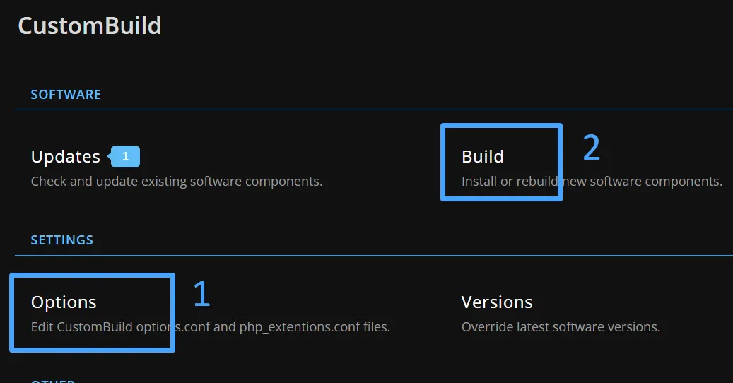 Truy cập vào Options và Build