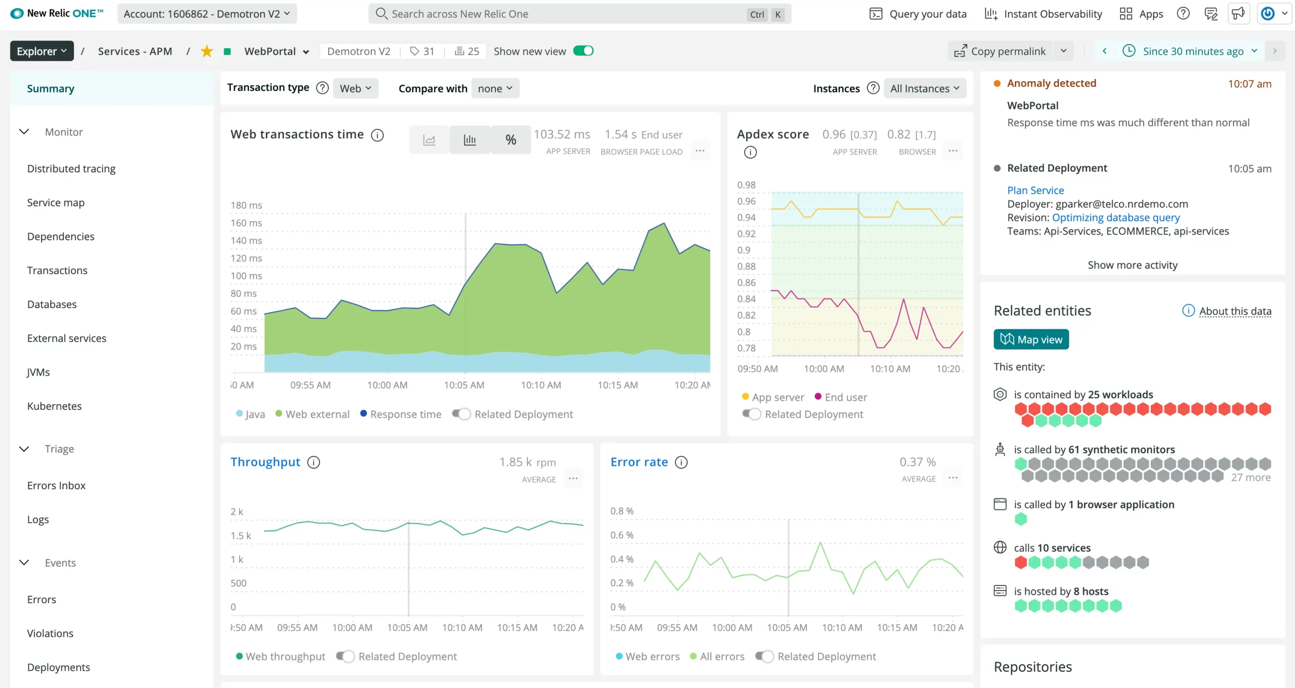 Giao diện New Relic dùng để theo dõi trải nghiệm của người dùng