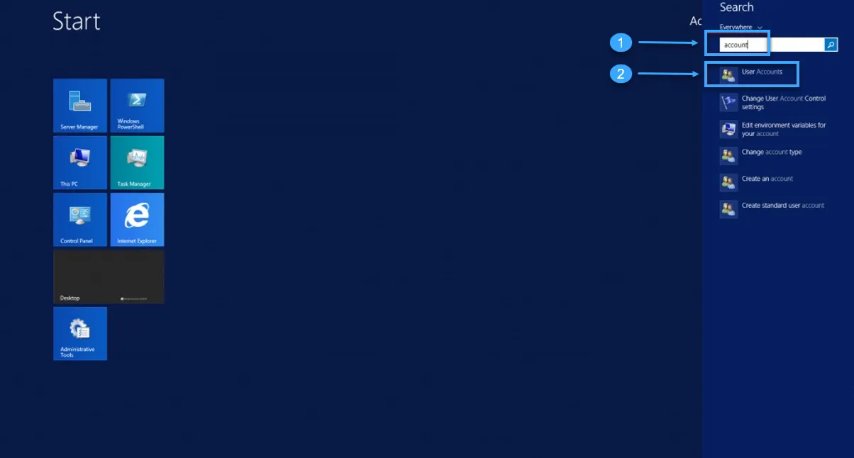 Nhập từ khóa account vào thanh tìm kiếm